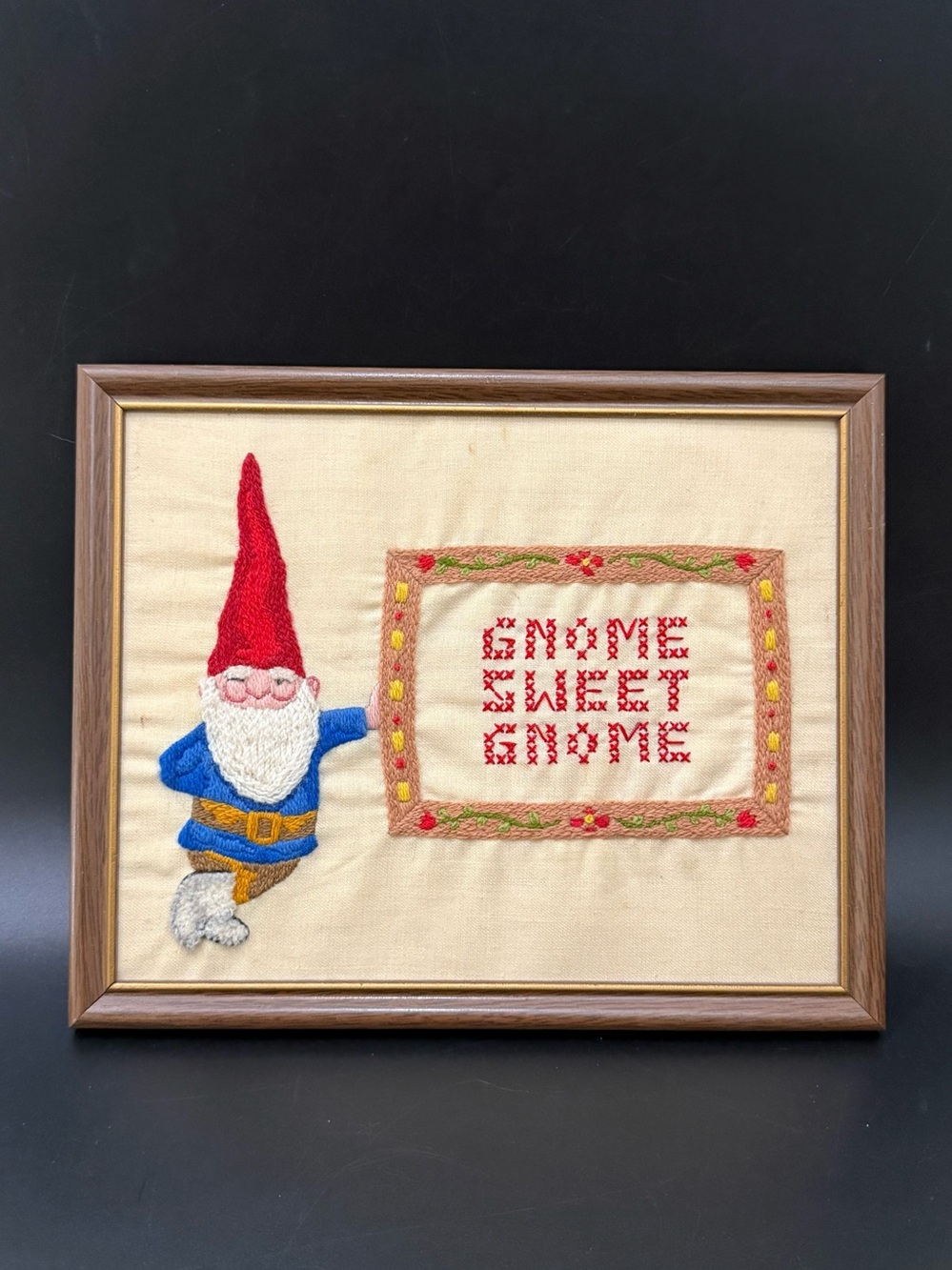 Vintage GNOME Sweet Gnome Embroidery Needlework Framed Art 10”X9”